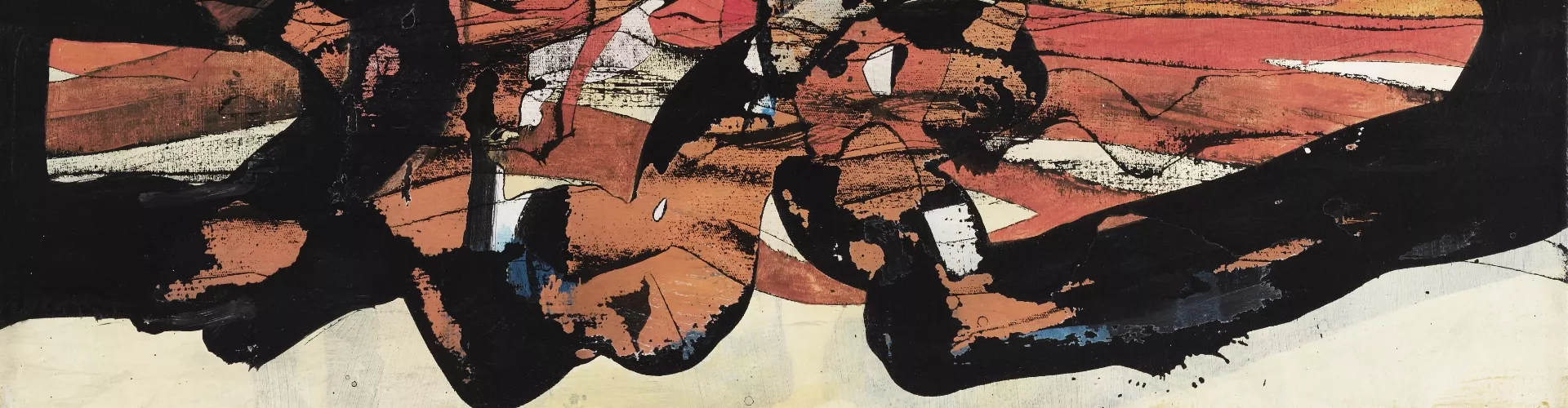 Tableau de l'artiste Paul Brunner, repésentant des courbes de nuances de couleurs qui s'entrelacent entre elles, dans les tons orangés, beiges, noirs, blancs, avec quelques taches bleutées